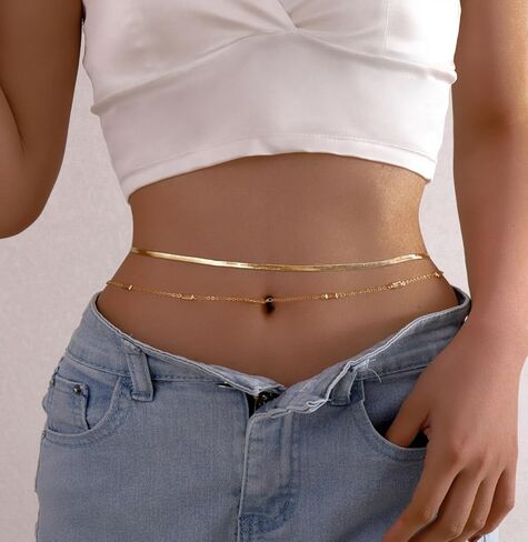 قطعتان من سلاسل الخصر المطلية بالذهب عيار 18 قيراط للنساء سلسلة بطن فيجارو لؤلؤية قابلة للتعديل للخصر سلسلة ذهبية CZ متعرجة للخصر سلسلة صيفية للشاطئ بيكيني مثير مجوهرات للجسم للنساء (25-43 بوصة) in Kuwait