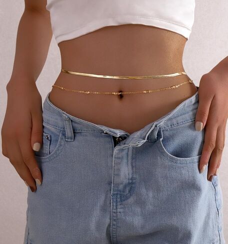 قطعتان من سلاسل الخصر المطلية بالذهب عيار 18 قيراط للنساء سلسلة بطن فيجارو لؤلؤية قابلة للتعديل للخصر سلسلة ذهبية CZ متعرجة للخصر سلسلة صيفية للشاطئ بيكيني مثير مجوهرات للجسم للنساء (25-43 بوصة) in Kuwait