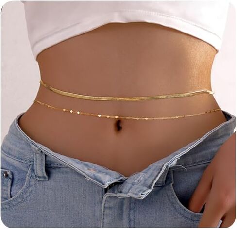 قطعتان من سلاسل الخصر المطلية بالذهب عيار 18 قيراط للنساء سلسلة بطن فيجارو لؤلؤية قابلة للتعديل للخصر سلسلة ذهبية CZ متعرجة للخصر سلسلة صيفية للشاطئ بيكيني مثير مجوهرات للجسم للنساء (25-43 بوصة) in Kuwait