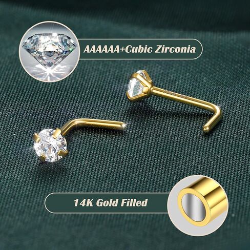 LOLIAS 14K الذهب شغل الأنف ترصيع 316L الجراحية الصلب حلقات الأنف الذهب الأزرار 6A تشيكوسلوفاكيا مقلد الماس المفتاح L على شكل ثقب الأنف حلقات الأنف هيبوالرجينيك للنساء الرجال 20G in Kuwait