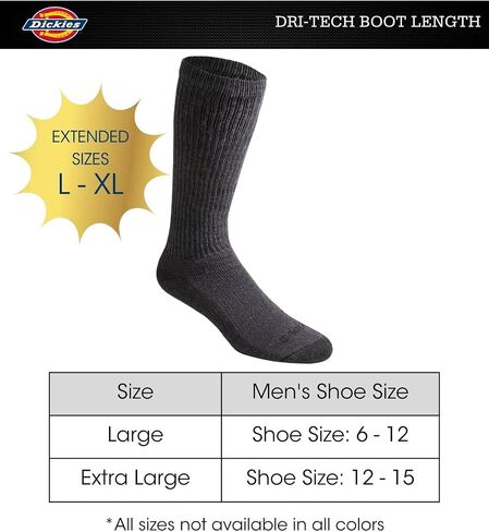 Dickies Men's Dri-Tech Moisture Control Boot-Length Socks, 6 & 12 Pairs, Sizes L-XL in Saudi Arabia