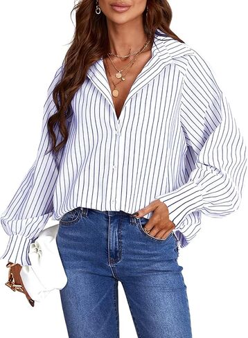 Paintcolors Women's Cotton Pocketed Button Up Shirts Long Billowy Sleeves Blouse V Neck High Low Statement Tunics Tops in Saudi Arabia