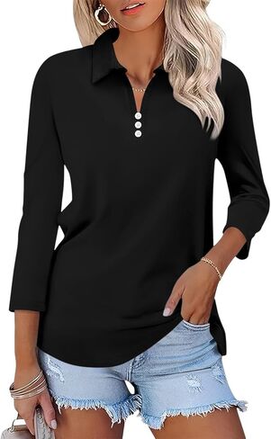 Women's 3/4 Sleeve Tops V Neck Button Polo Shirts Casual Basic Tees Blouse in Saudi Arabia