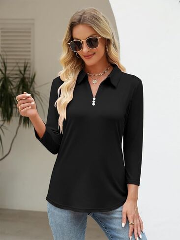 Women's 3/4 Sleeve Tops V Neck Button Polo Shirts Casual Basic Tees Blouse in Saudi Arabia