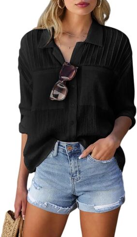 Merryfun Women's Button Down Cotton Linen Shirts Casual Pleated Long/Roll Up Sleeve Blouses Textured Loose Collared Work Tops in Saudi Arabia