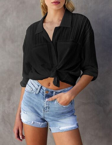 Merryfun Women's Button Down Cotton Linen Shirts Casual Pleated Long/Roll Up Sleeve Blouses Textured Loose Collared Work Tops in Saudi Arabia
