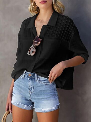Merryfun Women's Button Down Cotton Linen Shirts Casual Pleated Long/Roll Up Sleeve Blouses Textured Loose Collared Work Tops in Saudi Arabia