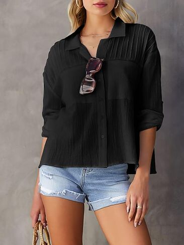 Merryfun Women's Button Down Cotton Linen Shirts Casual Pleated Long/Roll Up Sleeve Blouses Textured Loose Collared Work Tops in Saudi Arabia