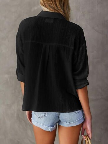 Merryfun Women's Button Down Cotton Linen Shirts Casual Pleated Long/Roll Up Sleeve Blouses Textured Loose Collared Work Tops in Saudi Arabia