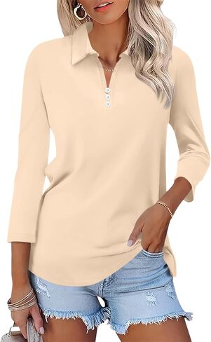 Women's 3/4 Sleeve Tops V Neck Button Polo Shirts Casual Basic Tees Blouse in Saudi Arabia