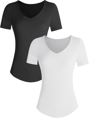 Summer V Neck T Shirts for Women Going Out Tops Casual Short Sleeve Ribbed Trendy Tops 2 Pack in Saudi Arabia