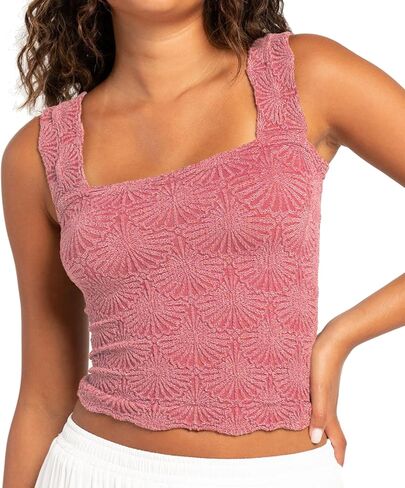 Women's Square Neck Wide Strap Crop Tank Tops Flower Going Out Tops Slim Fit Lettuce Trim Crop Cami Tops in Saudi Arabia