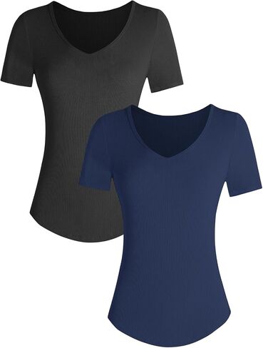 Summer V Neck T Shirts for Women Going Out Tops Casual Short Sleeve Ribbed Trendy Tops 2 Pack in Saudi Arabia