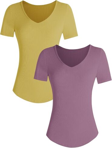 Summer V Neck T Shirts for Women Going Out Tops Casual Short Sleeve Ribbed Trendy Tops 2 Pack in Saudi Arabia