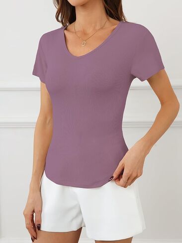 Summer V Neck T Shirts for Women Going Out Tops Casual Short Sleeve Ribbed Trendy Tops 2 Pack in Saudi Arabia