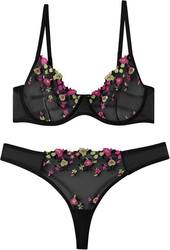 Lilosy Women Sexy Floral EmbroideYellow Mesh Sheer Underwire Push Up Lingerie Set See Through Bra and Panty 2 Piece Flower Black and Yellow Small in Saudi Arabia