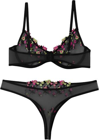 Lilosy Women Sexy Floral EmbroideYellow Mesh Sheer Underwire Push Up Lingerie Set See Through Bra and Panty 2 Piece Flower Black and Yellow Small in Saudi Arabia