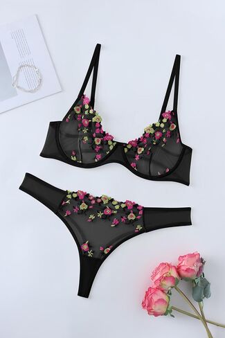 Lilosy Women Sexy Floral EmbroideYellow Mesh Sheer Underwire Push Up Lingerie Set See Through Bra and Panty 2 Piece Flower Black and Yellow Small in Saudi Arabia
