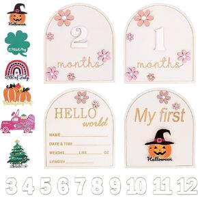 2 PCS Baby Monthly Milestone Sign ، لمدة شهر واحد إعلان إعلان علامات معلميات خشبية ، اسم الطفل ، اسم عطلتي الأولى لعلامات عطلتي للطفلة الدعائم الفوتوغرافية in Kuwait
