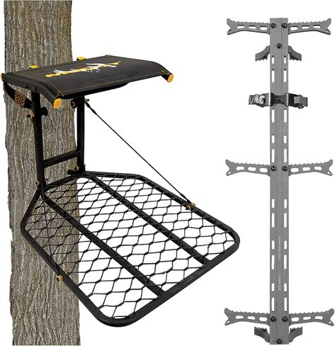 MUDDY The Boss Wide Stance Hang-On 1-Person Tree Stand Platform & Hawk Helium Set of 3 Hunting Portable Climbing Sticks with Fold-Up Steps in Saudi Arabia