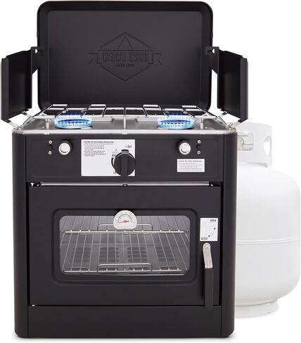Hike Crew Outdoor Gas Camping Oven w/Carry Bag | 2-in-1 Portable Propane-Powered Stovetop & Oven w/ 2-Burner Cooktop Range, Auto Ignition, Overheat Safety Shutoff, Built-In Thermometer, Hose Regulator in Saudi Arabia