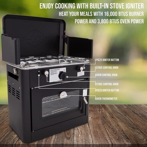 Hike Crew Outdoor Gas Camping Oven w/Carry Bag | 2-in-1 Portable Propane-Powered Stovetop & Oven w/ 2-Burner Cooktop Range, Auto Ignition, Overheat Safety Shutoff, Built-In Thermometer, Hose Regulator in Saudi Arabia