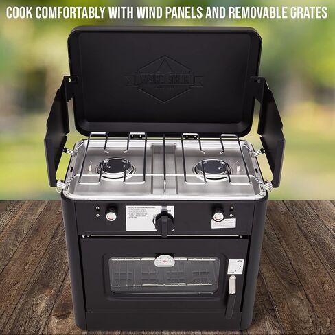Hike Crew Outdoor Gas Camping Oven w/Carry Bag | 2-in-1 Portable Propane-Powered Stovetop & Oven w/ 2-Burner Cooktop Range, Auto Ignition, Overheat Safety Shutoff, Built-In Thermometer, Hose Regulator in Saudi Arabia