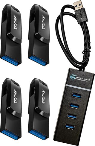 SanDisk 64GB Ultra Dual Drive Go (SDDDC3-064G-G46) 2-in-1 USB Type-A & Type-C Flash Drive - 4 Pack Bundle with (1) Everything But Stromboli 4 Port USB 3.0 Hub in Saudi Arabia