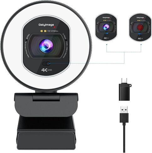 4K Full HD Webcam with Ring Light, Streaming Camera 4K @30FPS, TOF Auto-Focus, Built-in Noise-Canceling Microphones and Privacy Cover, USB 2.0 Plug&Play for Desktop PC or Laptop Computer in Saudi Arabia