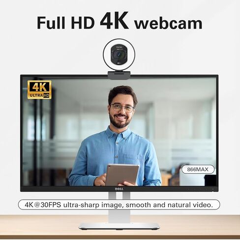 4K Full HD Webcam with Ring Light, Streaming Camera 4K @30FPS, TOF Auto-Focus, Built-in Noise-Canceling Microphones and Privacy Cover, USB 2.0 Plug&Play for Desktop PC or Laptop Computer in Saudi Arabia