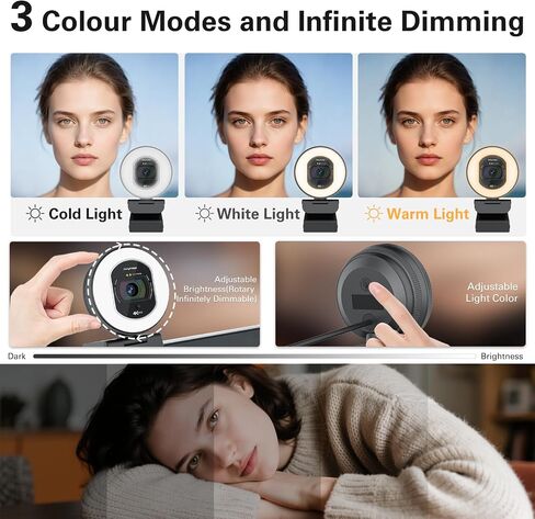 4K Full HD Webcam with Ring Light, Streaming Camera 4K @30FPS, TOF Auto-Focus, Built-in Noise-Canceling Microphones and Privacy Cover, USB 2.0 Plug&Play for Desktop PC or Laptop Computer in Saudi Arabia