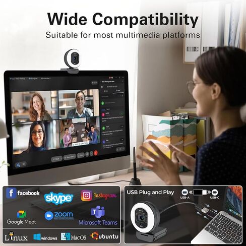 4K Full HD Webcam with Ring Light, Streaming Camera 4K @30FPS, TOF Auto-Focus, Built-in Noise-Canceling Microphones and Privacy Cover, USB 2.0 Plug&Play for Desktop PC or Laptop Computer in Saudi Arabia