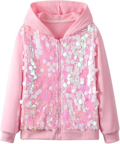 WELAKEN Girls' Ombre Sequin Bomber Jacket with Pockets Lightweight Sparkle Long Sleeve Zipper Gradient Jackets for Kid in Kuwait