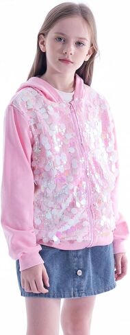 WELAKEN Girls' Ombre Sequin Bomber Jacket with Pockets Lightweight Sparkle Long Sleeve Zipper Gradient Jackets for Kid in Kuwait