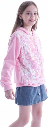 WELAKEN Girls' Ombre Sequin Bomber Jacket with Pockets Lightweight Sparkle Long Sleeve Zipper Gradient Jackets for Kid in Kuwait