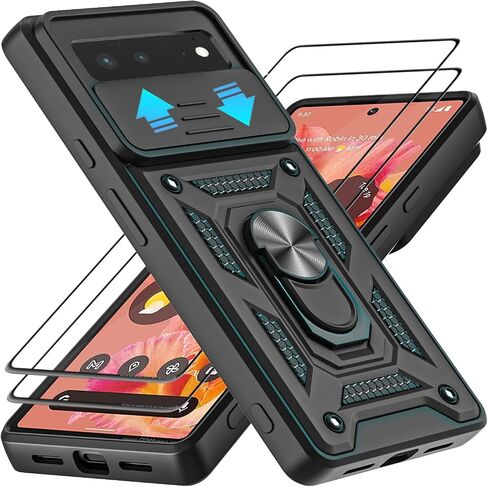 for Google Pixel 6 Case, with Tempered Glass Screen Protector [2 Pcs] & Slide Camera Cover, 360°Rotation Ring Kickstand [Military Grade] Case (Black) in Kuwait