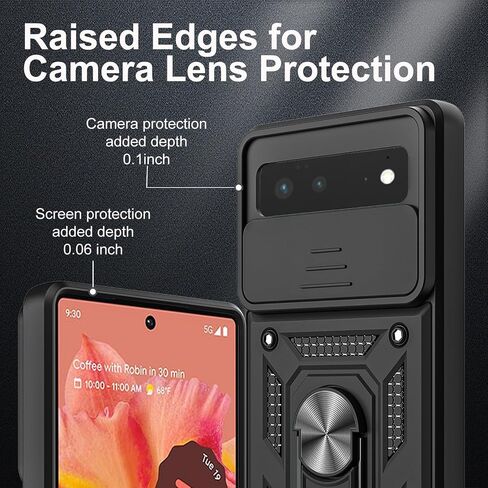 for Google Pixel 6 Case, with Tempered Glass Screen Protector [2 Pcs] & Slide Camera Cover, 360°Rotation Ring Kickstand [Military Grade] Case (Black) in Kuwait