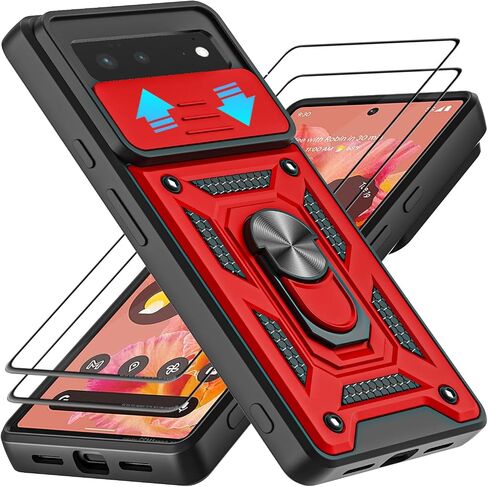 for Google Pixel 6 Case, with Tempered Glass Screen Protector [2 Pcs] & Slide Camera Cover, 360°Rotation Ring Kickstand [Military Grade] Case (Black) in Kuwait