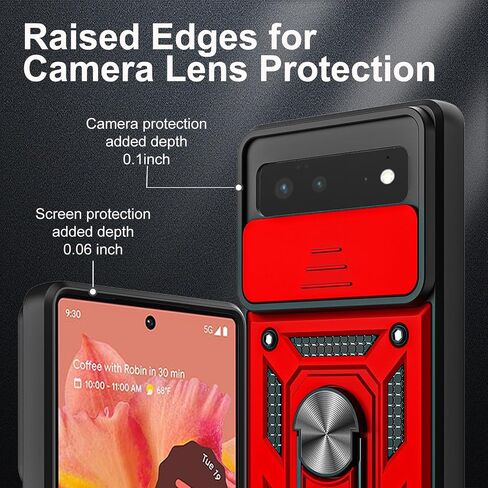 for Google Pixel 6 Case, with Tempered Glass Screen Protector [2 Pcs] & Slide Camera Cover, 360°Rotation Ring Kickstand [Military Grade] Case (Black) in Kuwait