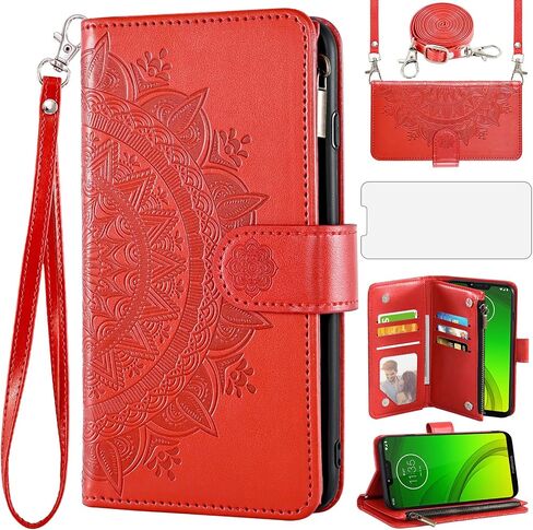 Asuwish Phone Case for Moto G7 Power/MotoG7 supra/moto7 Optimo Max Wallet Cover مع حامي الشاشة Lanyard Mandala Flower Zipper حامل Motorola Motog7power G 7g G7Power 7th Gen Red in Kuwait