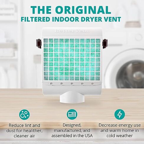 BetterVent Indoor Dryer Vent Kit, Protect Indoor Air Quality, Produce Heat and Save Energy with a Superior Dryer Lint Filter, Electric Dryers Only, Made in the USA in Kuwait