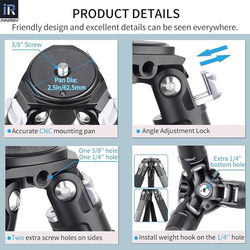 Carbon Fiber Tripod INNOREL KT324C Without Head Professional Portable Compact Travel Tripod for Digital DSLR Camera Heavy Duty Stand Support 1.28in/32.5mm Tube Max Load 55lbs/25kg with Center Column in Saudi Arabia