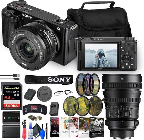 Sony ZV-E10 Mirrorless Camera with 16-50mm Lens (Black) (ILCZV-E10L/B) + Sony FE PZ 28-135mm Lens (SELP28135G) + 64GB Card + Filter Kit + External Charger + NPF-W50 Battery + More (Renewed) in Saudi Arabia