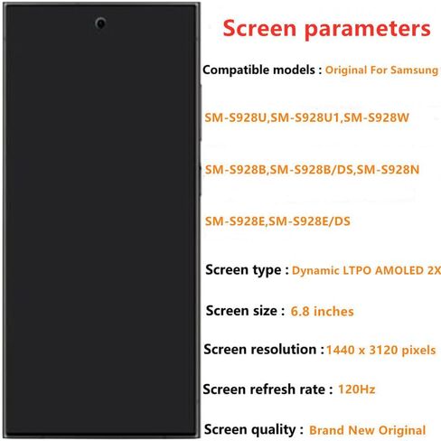 6.8 "الأصلي AMOLED 120 هرتز لـ Samsung Galaxy S24 Ultra Screen ReplaceMen OEM S24ultra 5G S928U S928U1 S928B S928E عرض مجموعة رقمية شاشة اللمس (مع إطار أسود +أدوات) in Kuwait