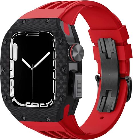 لسلسلة Apple Watch Band Series 8 7 44mm 45mm 45 ملم مجموعة تعديل فاخرة فليوروببر حزام ألياف الكربون ， لـ IWatch SE 6 5 4 DIY Mod Kit in Saudi Arabia
