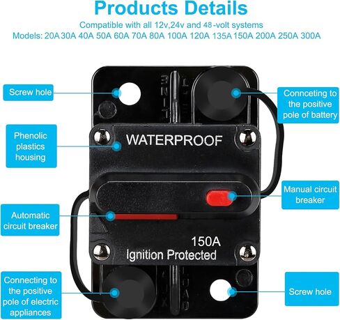 150 AMP FUSE Holders ، قاطع دائرة الصوت ، إعادة ضبط العاكس الصمامات ، حامل الصمامات 12V-48V DC ، استبدال الصمامات ، مع زر إعادة الضبط ، لنظام صوت القوارب البحرية للسيارات الحالية حماية الحمل الزائد الحالي in Kuwait