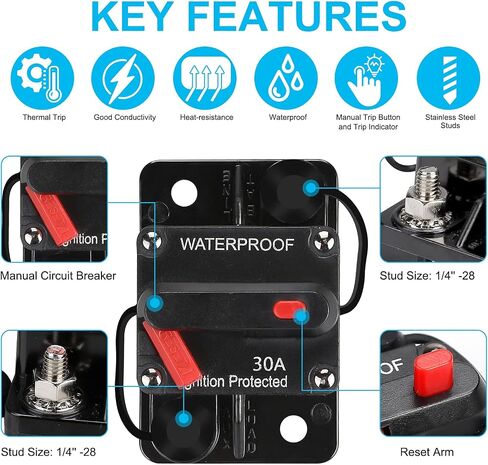 150 AMP FUSE Holders ، قاطع دائرة الصوت ، إعادة ضبط العاكس الصمامات ، حامل الصمامات 12V-48V DC ، استبدال الصمامات ، مع زر إعادة الضبط ، لنظام صوت القوارب البحرية للسيارات الحالية حماية الحمل الزائد الحالي in Kuwait