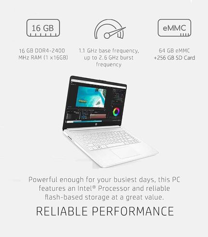 HP Newest 14in Schools and Business Laptop, Intel Quad-Core N4120 CPU, 16GB RAM, 64GB eMMC, 256GB Micro SD, 1-Y Office 365, Webcam, HDMI, WiFi, Win 11 S(White) in Saudi Arabia