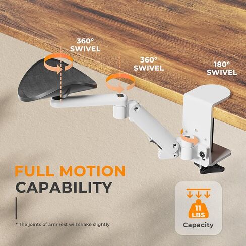 JOY worker Universal Clamp-on Adjustable Armrest, Ergonomic 360° Rotating Elbow Rest Pad for Desk, 6-Level Height Desk Arm Support for Thicker Desktop, Left/Right Hand, White in Kuwait