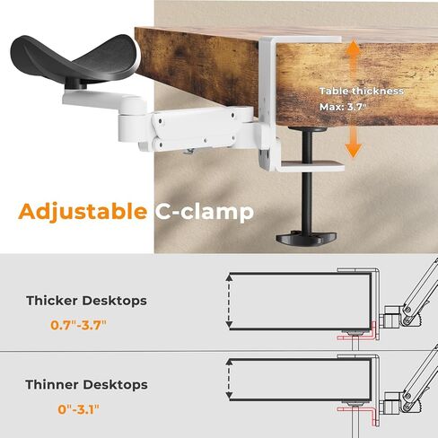 JOY worker Universal Clamp-on Adjustable Armrest, Ergonomic 360° Rotating Elbow Rest Pad for Desk, 6-Level Height Desk Arm Support for Thicker Desktop, Left/Right Hand, White in Kuwait